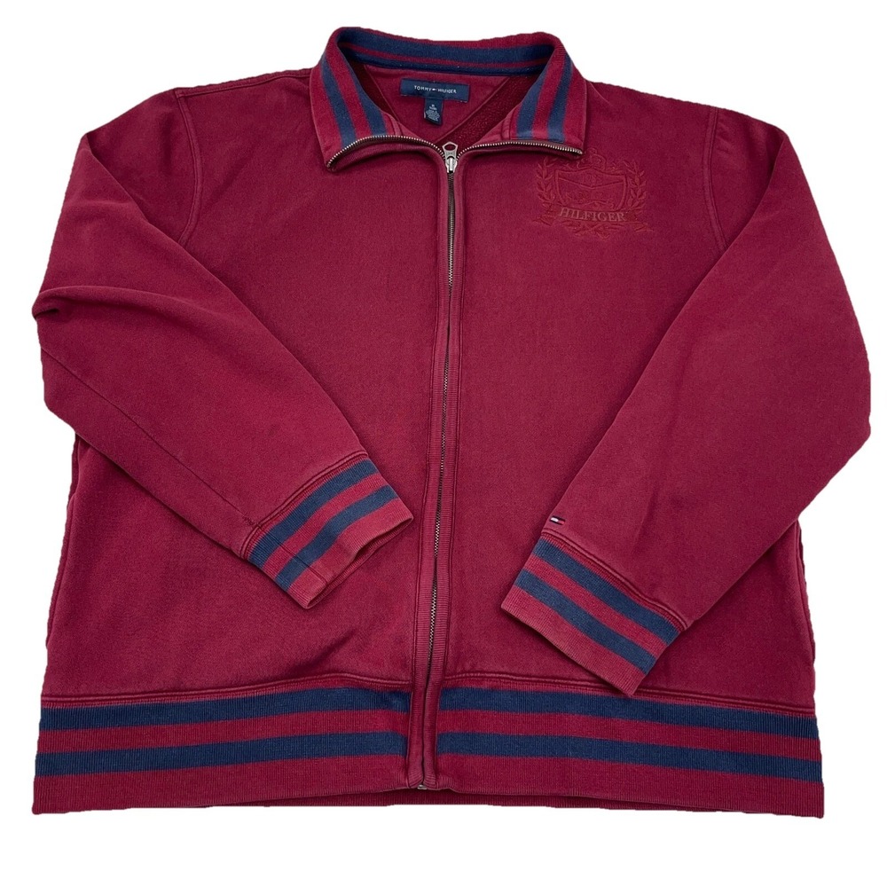 Tommy Hilfiger Sweater Men XL Red Blue Fleece Cardigan Jacket Full Zip Crest *